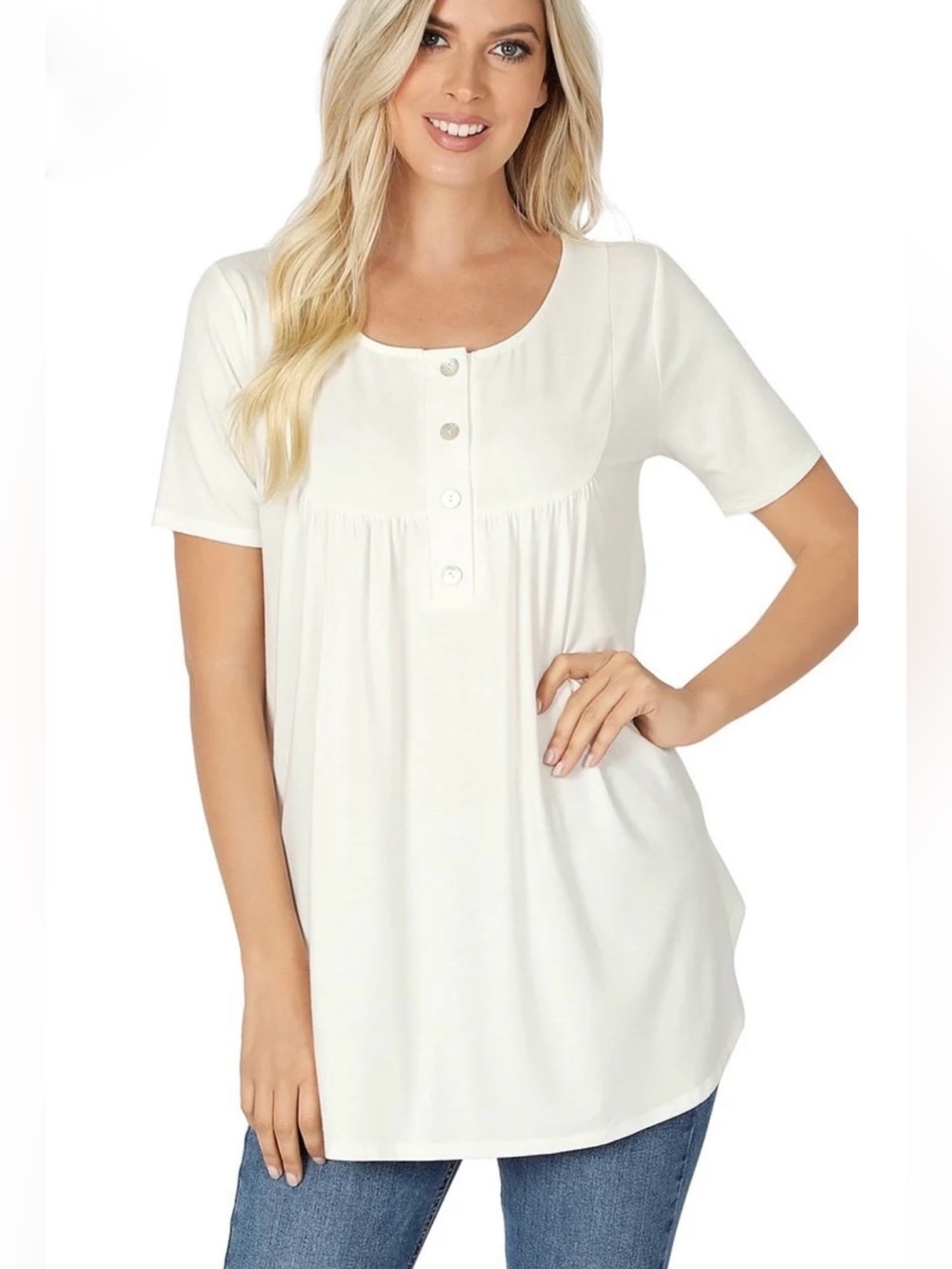 Zenana Short Sleeve Babydoll Button Front Henley Curved Dolphin Hem Top Cream 2X